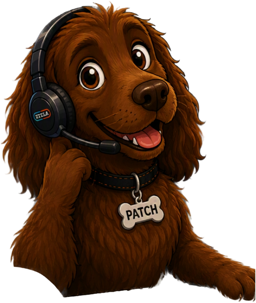 Patch, the 2TELA cyber resilience ambassador — a brown cocker spaniel wearing a headset